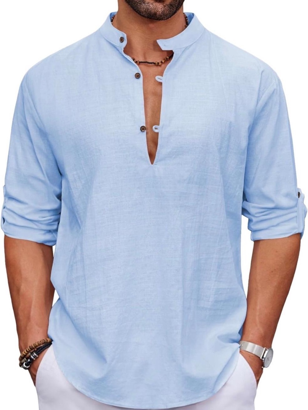 Men's Light Blue Mandarin Collar Casual Button-Down Shirt work party bbq